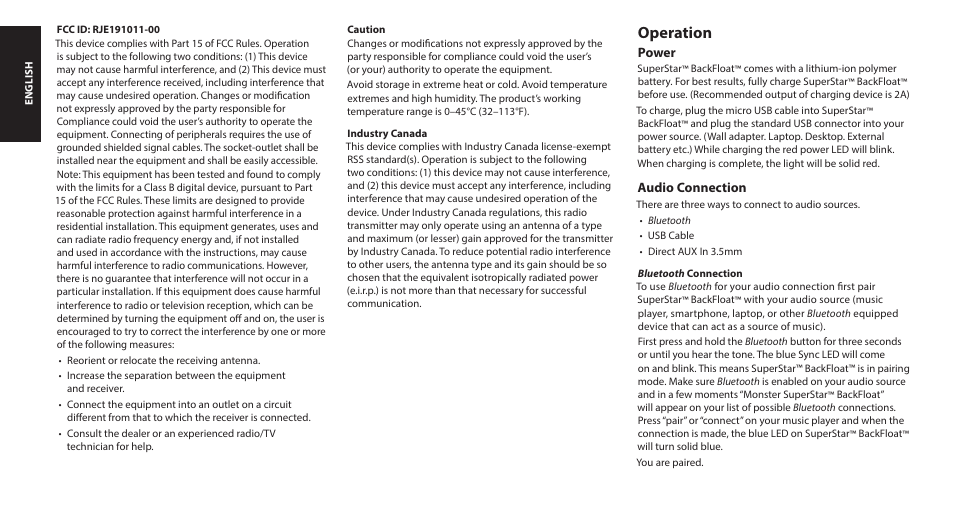 Operation | Monster SuperStar BackFloat Waterproof Bluetooth Speaker User Manual | Page 4 / 56