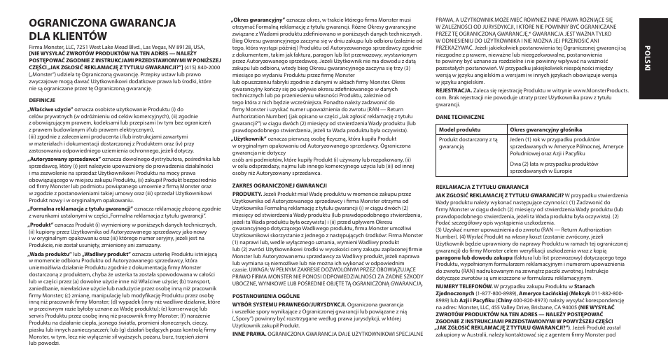 Ograniczona gwarancja dla klientów | Monster SuperStar BackFloat Waterproof Bluetooth Speaker User Manual | Page 45 / 56