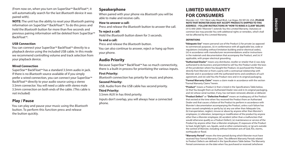 Limited warranty for consumers | Monster SuperStar BackFloat Waterproof Bluetooth Speaker User Manual | Page 5 / 56