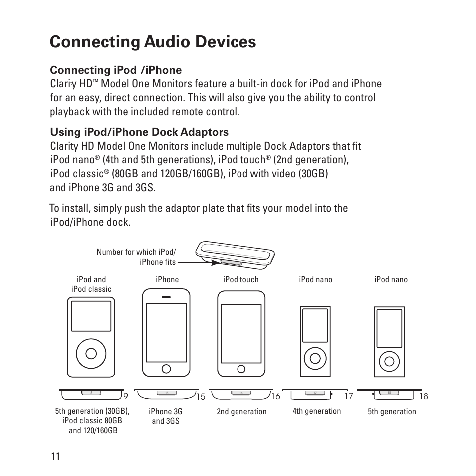 Connecting audio devices, Connecting ipod, Iphone | Clari, Y hd, 4th and 5th generations), ipod touch, 2nd generation), ipod classic | Monster Clarity HD Model One High Definition Multi-Media Speaker Monitor Gloss Finish User Manual | Page 12 / 84