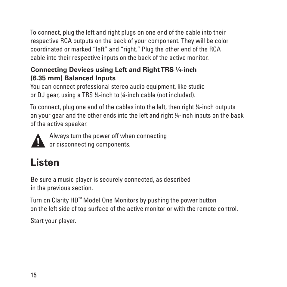 Listen | Monster Clarity HD Model One High Definition Multi-Media Speaker Monitor Gloss Finish User Manual | Page 16 / 84