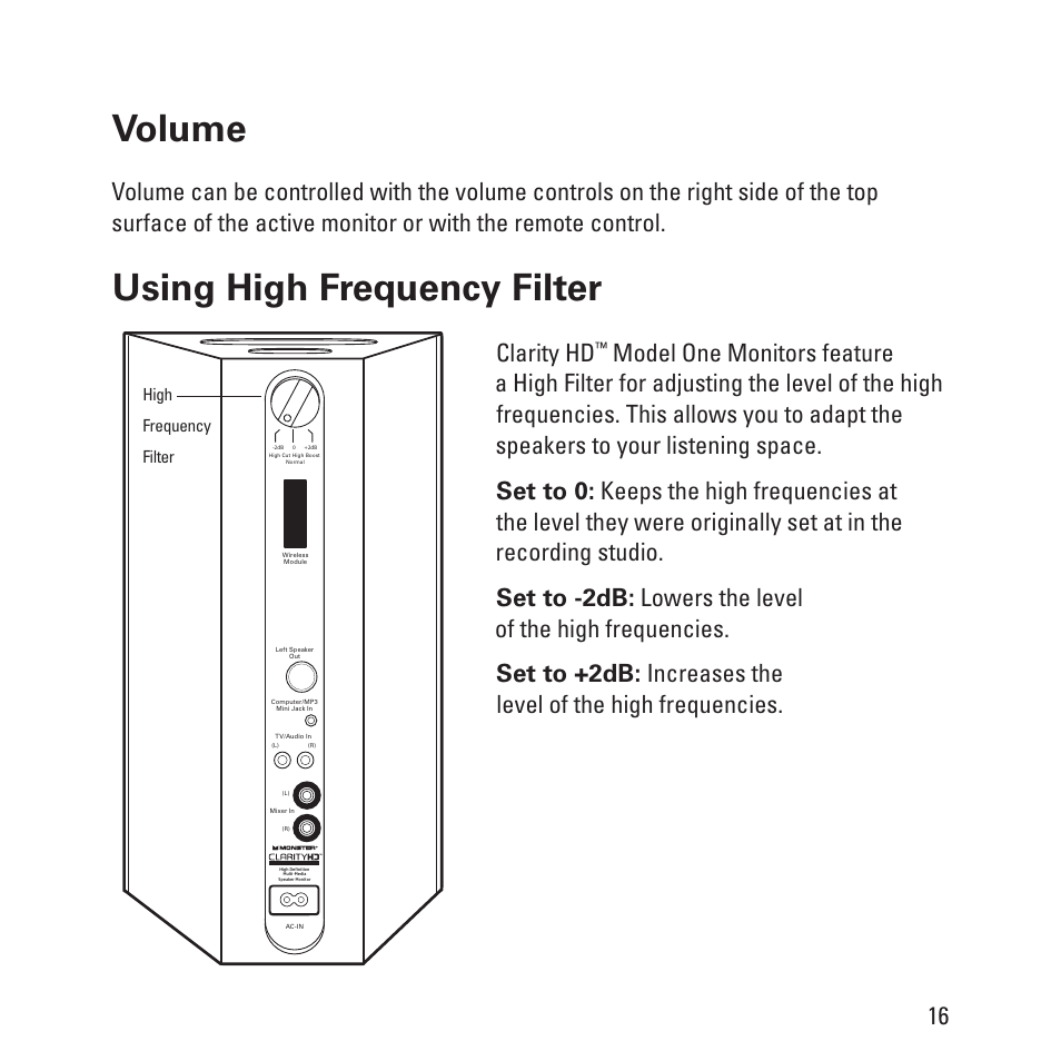 Using high frequency filter volume, Clarity hd | Monster Clarity HD Model One High Definition Multi-Media Speaker Monitor Gloss Finish User Manual | Page 17 / 84