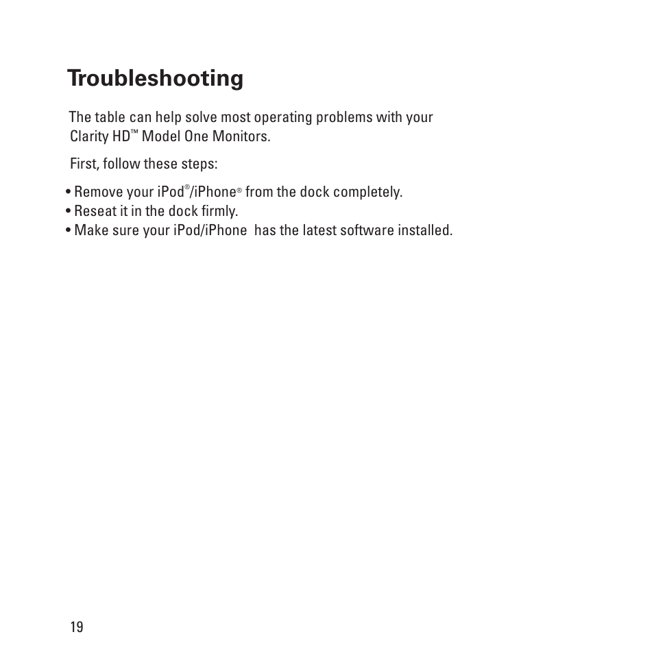 Troubleshooting | Monster Clarity HD Model One High Definition Multi-Media Speaker Monitor Gloss Finish User Manual | Page 20 / 84