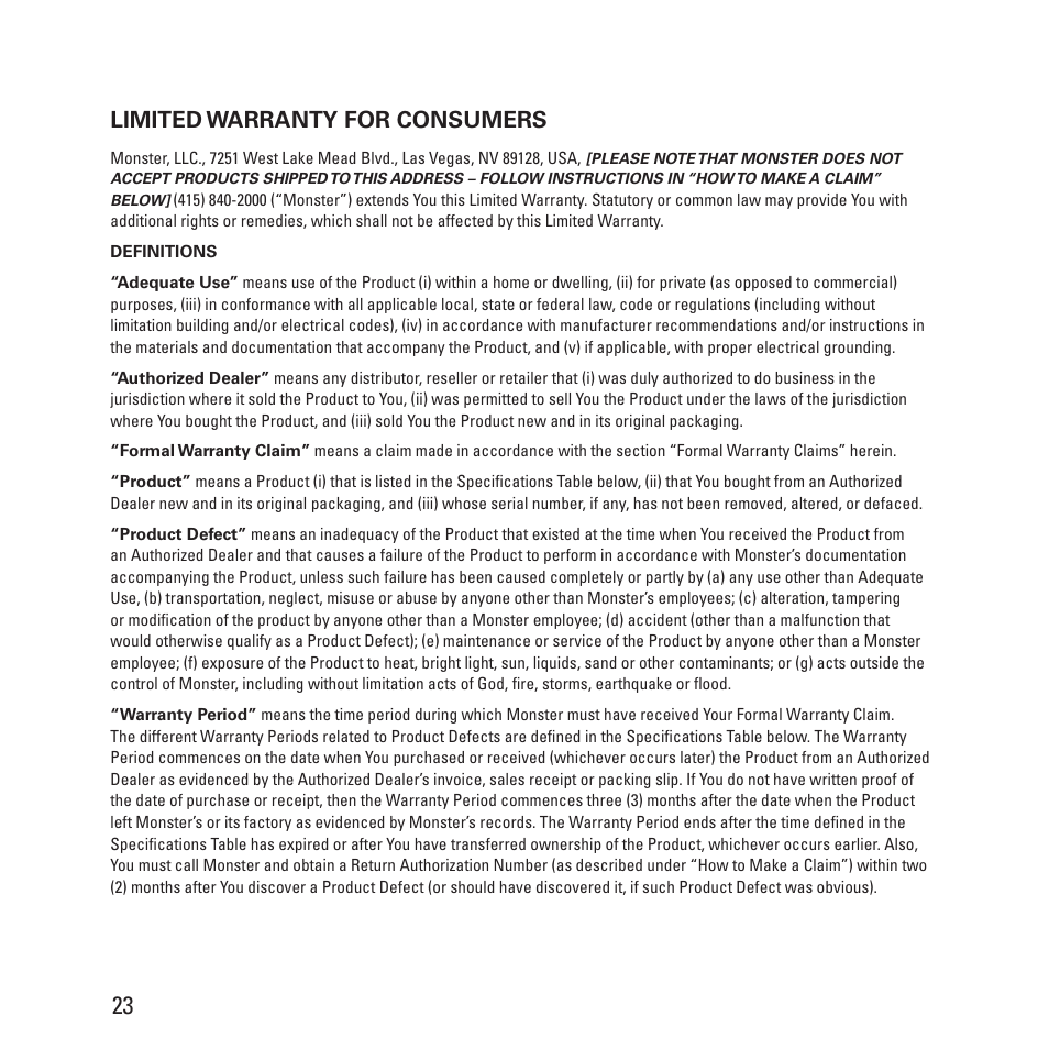 Limited warranty for consumers | Monster Clarity HD Model One High Definition Multi-Media Speaker Monitor Gloss Finish User Manual | Page 24 / 84