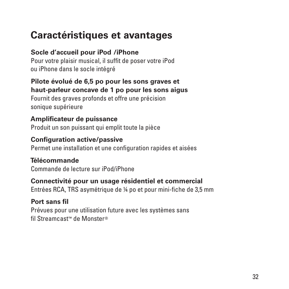Caractéristiques et avantages | Monster Clarity HD Model One High Definition Multi-Media Speaker Monitor Gloss Finish User Manual | Page 33 / 84