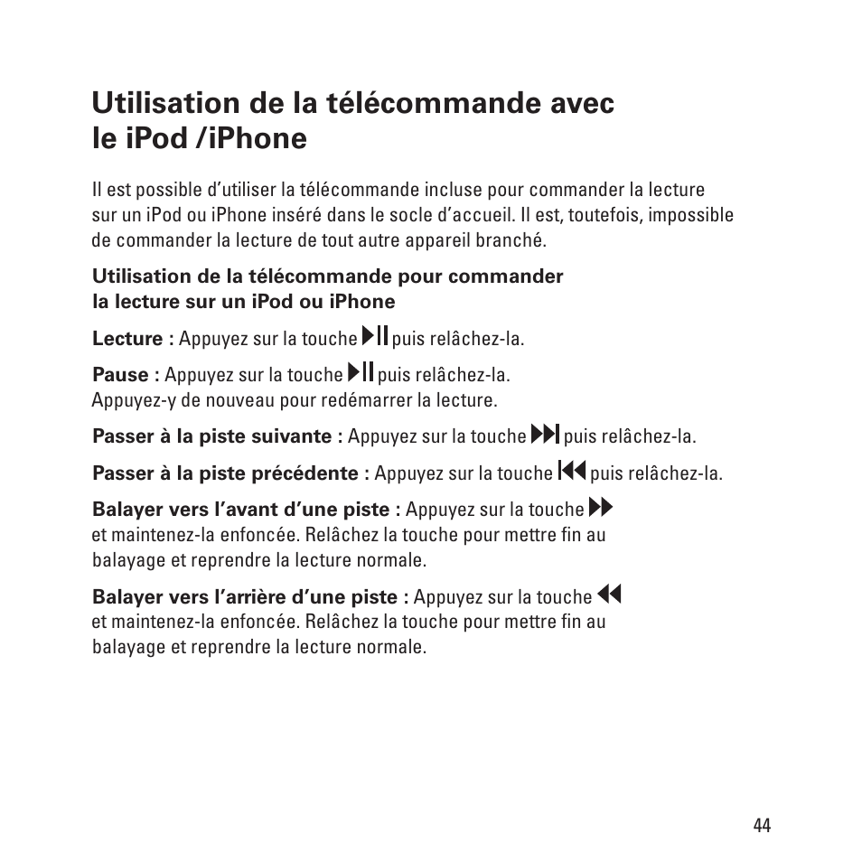 Utilisation de la télécommande avec le ipod, Iphone | Monster Clarity HD Model One High Definition Multi-Media Speaker Monitor Gloss Finish User Manual | Page 45 / 84