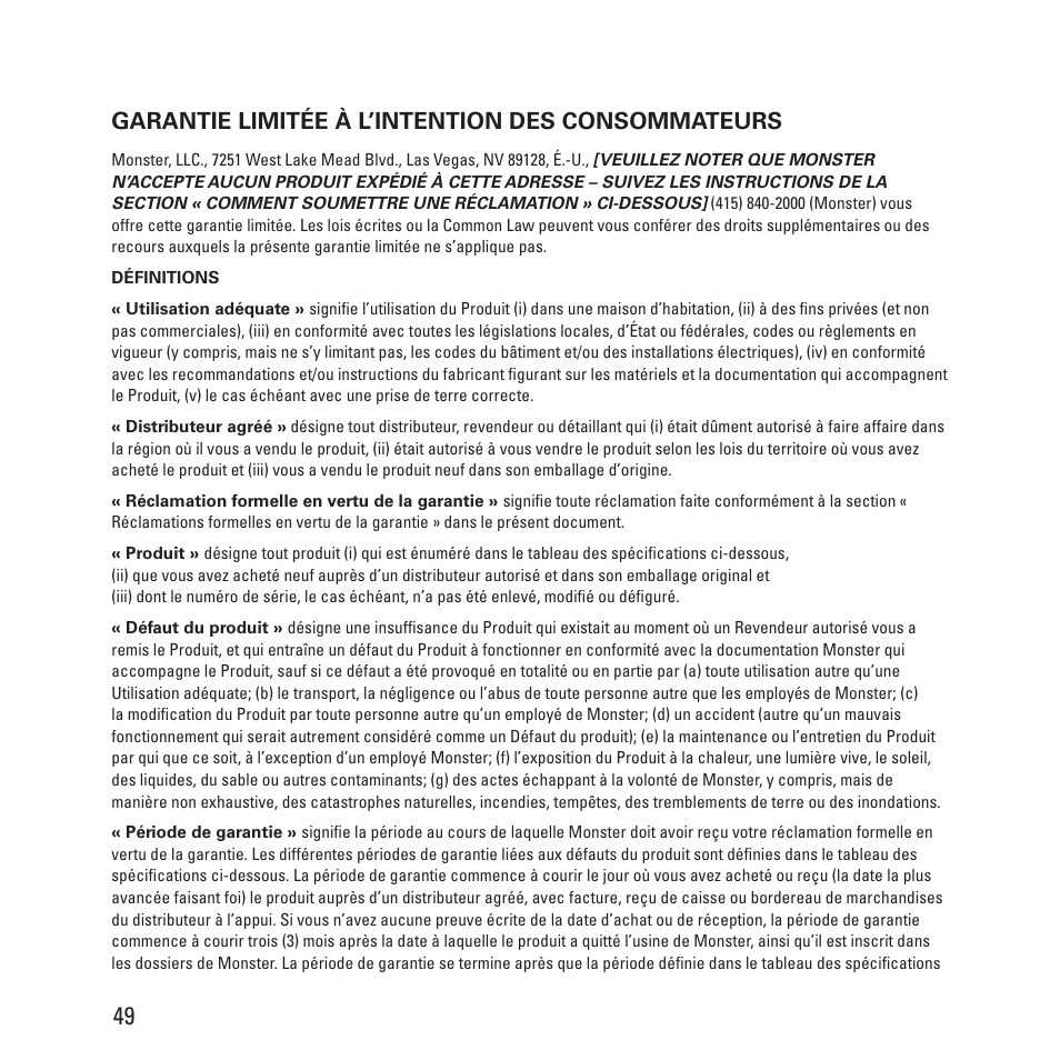 Garantie limitée à l’intention des consommateurs | Monster Clarity HD Model One High Definition Multi-Media Speaker Monitor Gloss Finish User Manual | Page 50 / 84