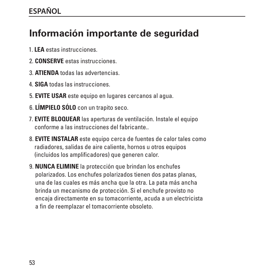 Información importante de seguridad, Español | Monster Clarity HD Model One High Definition Multi-Media Speaker Monitor Gloss Finish User Manual | Page 54 / 84