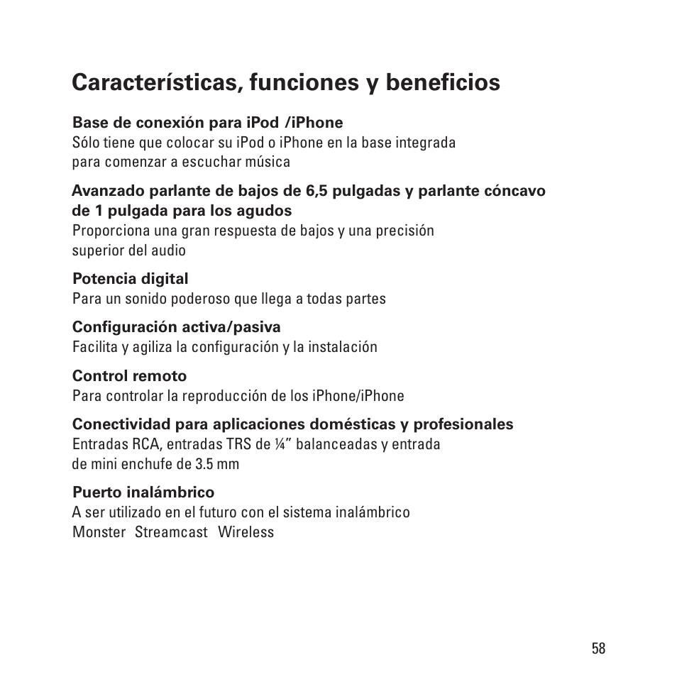 Características, funciones y beneficios | Monster Clarity HD Model One High Definition Multi-Media Speaker Monitor Gloss Finish User Manual | Page 59 / 84