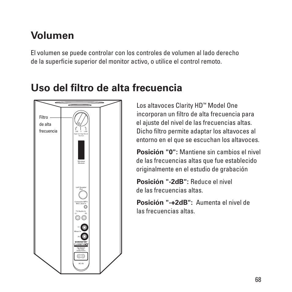 Uso del filtro de alta frecuencia volumen, Los altavoces clarity hd | Monster Clarity HD Model One High Definition Multi-Media Speaker Monitor Gloss Finish User Manual | Page 69 / 84