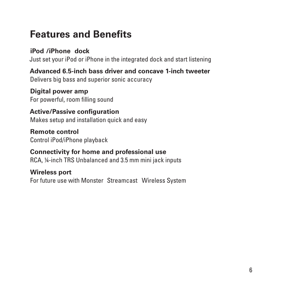 Features and benefits | Monster Clarity HD Model One High Definition Multi-Media Speaker Monitor Gloss Finish User Manual | Page 7 / 84