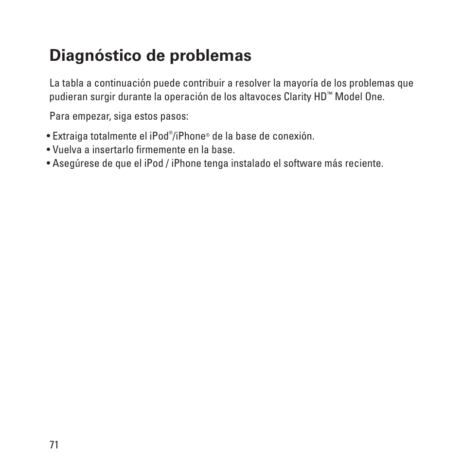 Diagnóstico de problemas | Monster Clarity HD Model One High Definition Multi-Media Speaker Monitor Gloss Finish User Manual | Page 72 / 84
