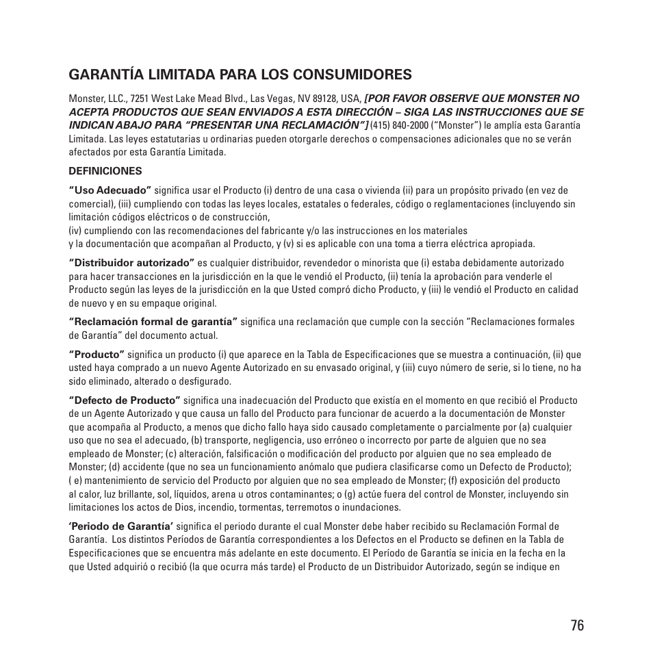 Garantía limitada para los consumidores | Monster Clarity HD Model One High Definition Multi-Media Speaker Monitor Gloss Finish User Manual | Page 77 / 84