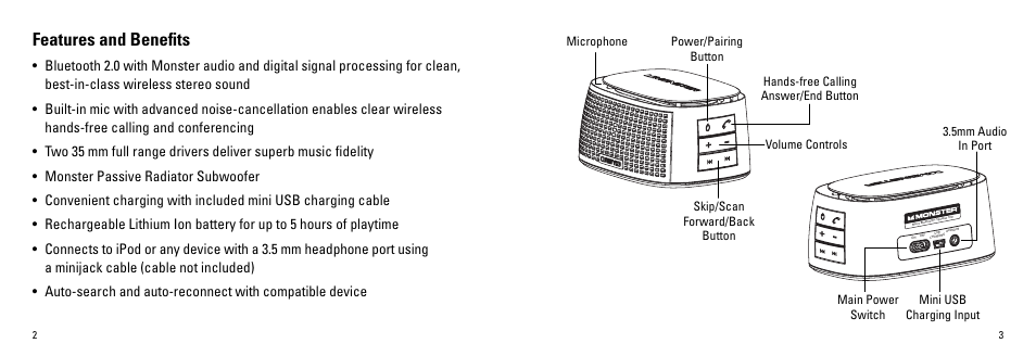 Features and benefits | Monster ClarityHD Precision Micro Bluetooth Speaker 100 User Manual | Page 3 / 13