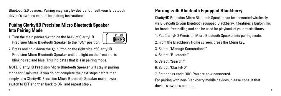 Pairing with bluetooth equipped blackberry | Monster ClarityHD Precision Micro Bluetooth Speaker 100 User Manual | Page 5 / 13