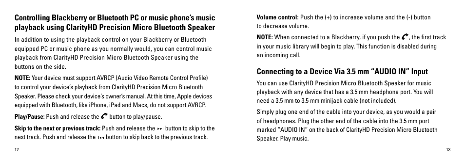 Connecting to a device via 3.5 mm “audio in” input | Monster ClarityHD Precision Micro Bluetooth Speaker 100 User Manual | Page 8 / 13