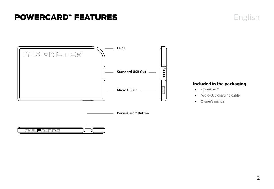 English, Powercard, Features | Monster Ultrathin PowerCard Portable Battery User Manual | Page 3 / 10