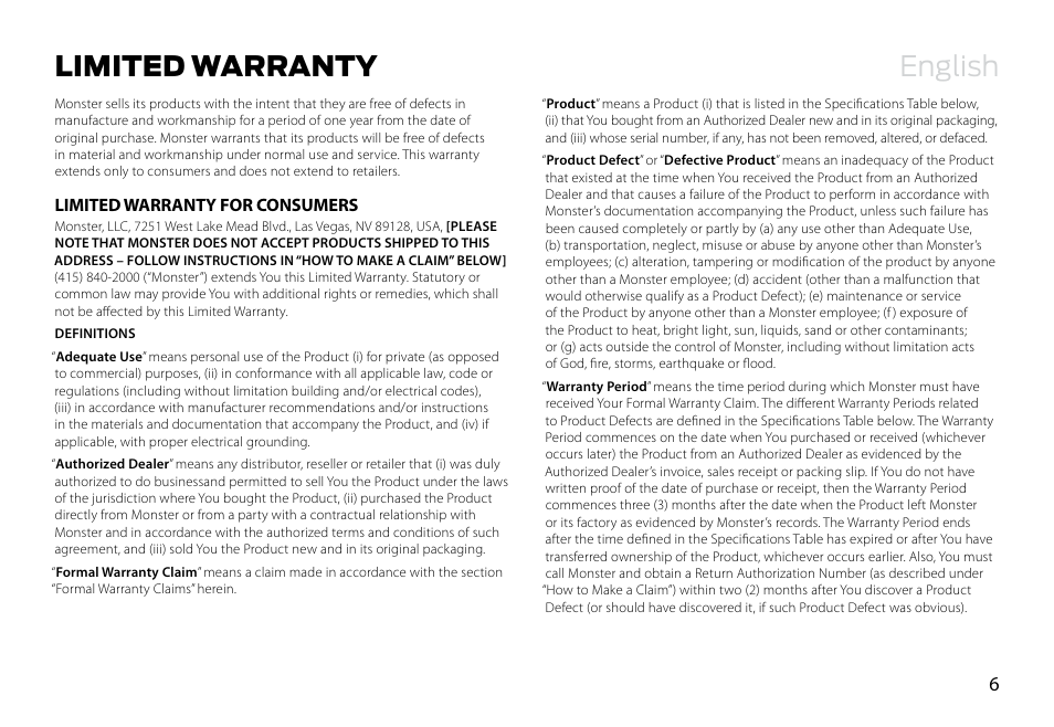 English limited warranty | Monster Ultrathin PowerCard Portable Battery User Manual | Page 7 / 10