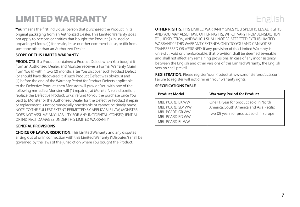 English, Limited warranty | Monster Ultrathin PowerCard Portable Battery User Manual | Page 8 / 10