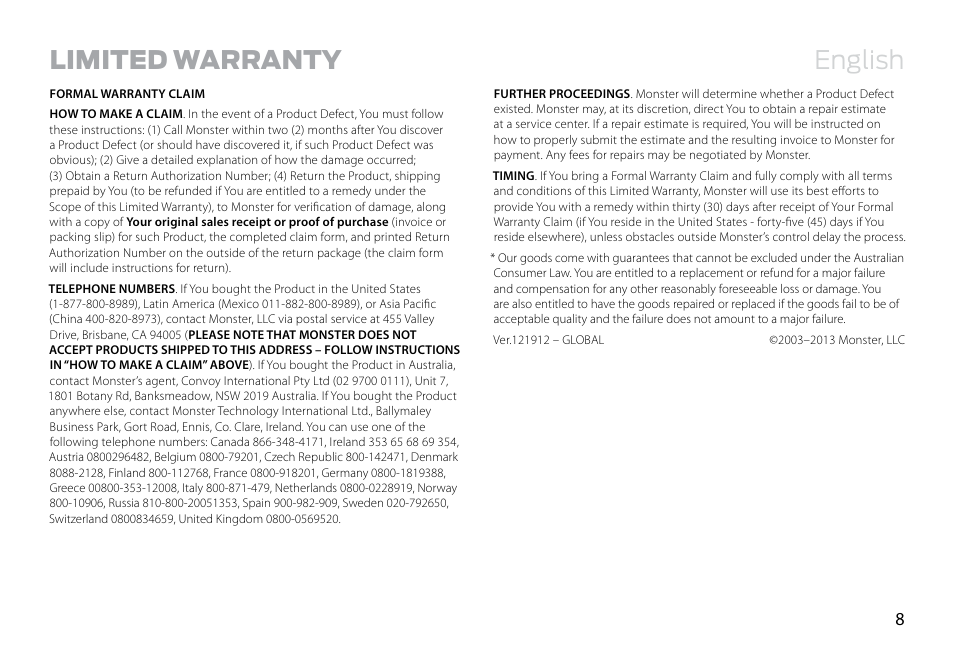 English, Limited warranty | Monster Ultrathin PowerCard Portable Battery User Manual | Page 9 / 10