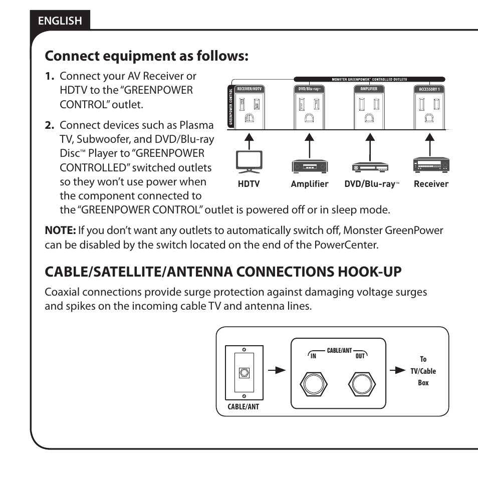 Connect equipment as follows, Cable/satellite/antenna connections hook-up, English | Monster AV 775G PowerCenter User Manual | Page 10 / 68