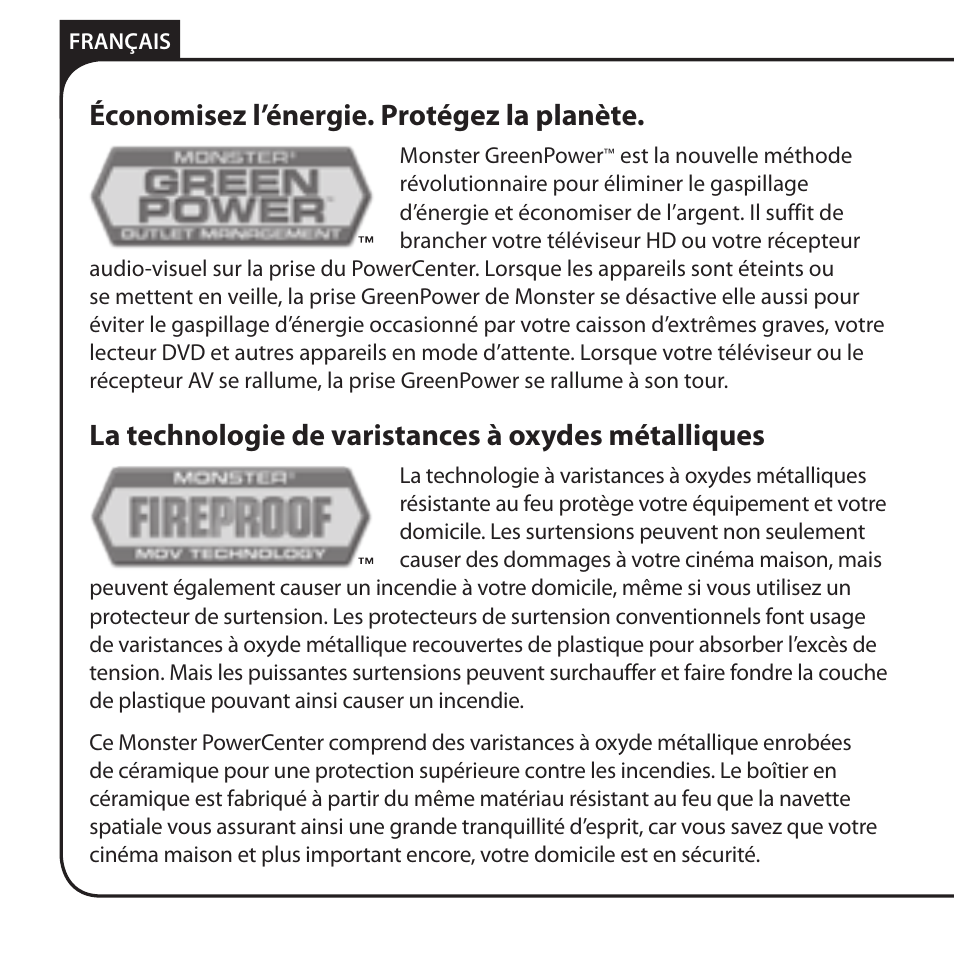 Économisez l’énergie. protégez la planète, La technologie de varistances à oxydes métalliques | Monster AV 775G PowerCenter User Manual | Page 26 / 68