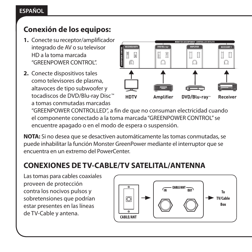 Conexión de los equipos, Conexiones de tv-cable/tv satelital/antenna, Español | Monster AV 775G PowerCenter User Manual | Page 54 / 68