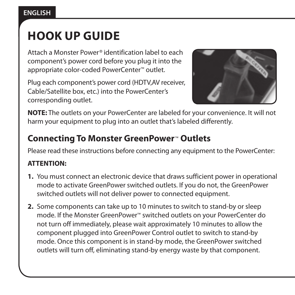 Hook up guide, Connecting to monster greenpower, Outlets | Monster AV 775G PowerCenter User Manual | Page 8 / 68