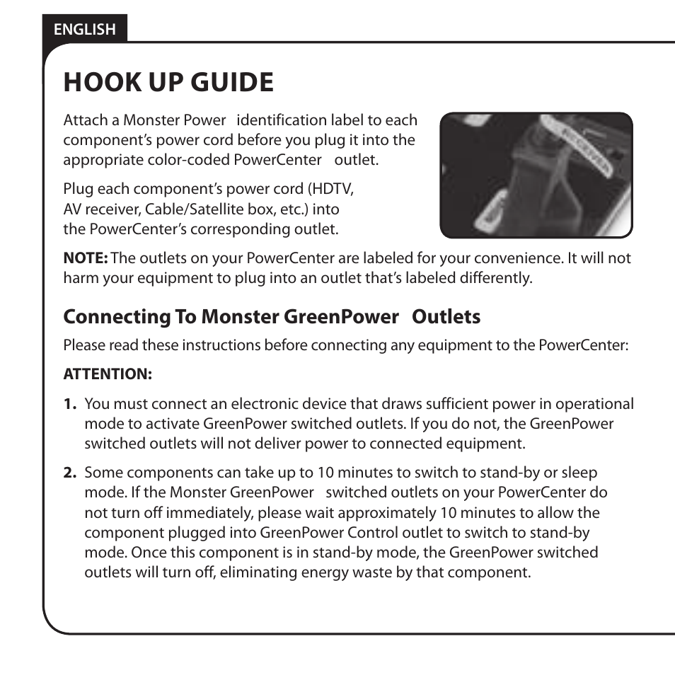 Hook up guide, Connecting to monster greenpower, Outlets | Monster HT 800G PowerCenter User Manual | Page 10 / 76