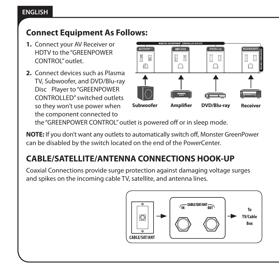 Connect equipment as follows, Cable/satellite/antenna connections hook-up, English | Monster HT 800G PowerCenter User Manual | Page 12 / 76