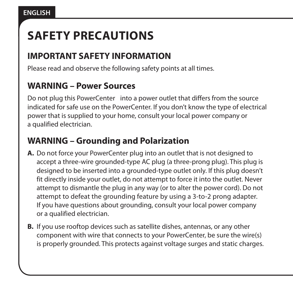 Safety precautions, Important safety information, Warning – power sources | Warning – grounding and polarization | Monster HT 800G PowerCenter User Manual | Page 14 / 76