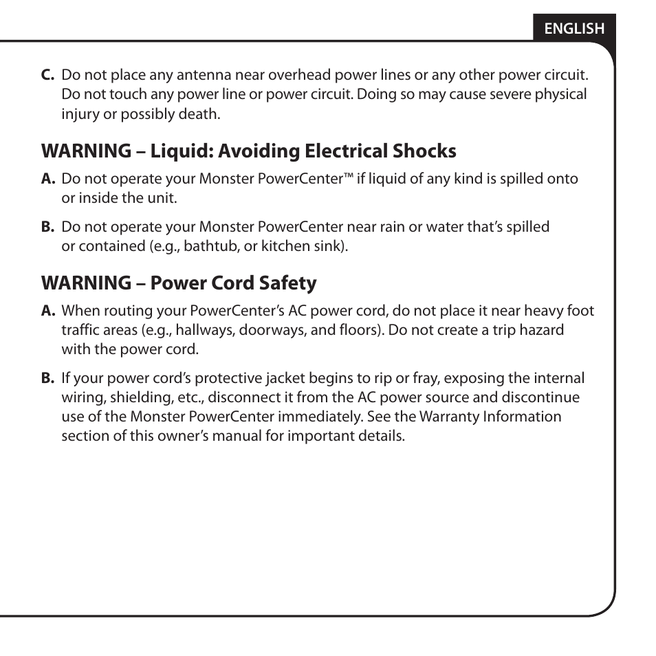 Warning – liquid: avoiding electrical shocks, Warning – power cord safety | Monster HT 800G PowerCenter User Manual | Page 15 / 76