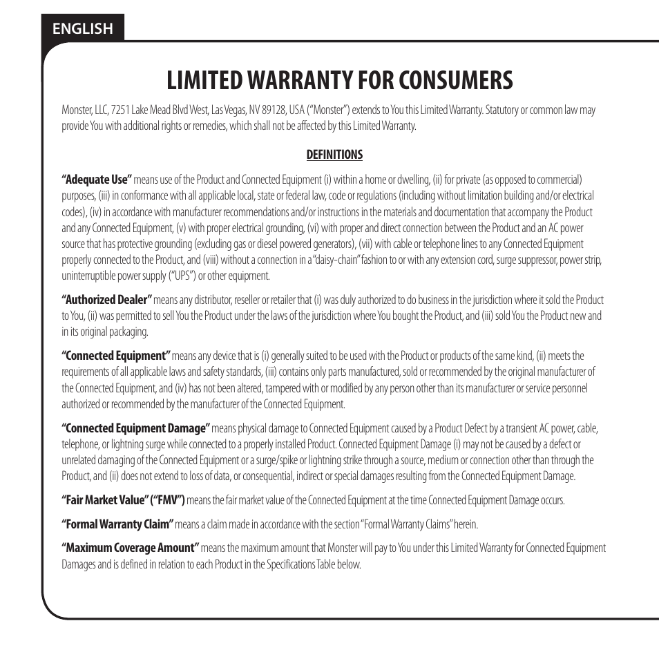 Limited warranty for consumers | Monster HT 800G PowerCenter User Manual | Page 20 / 76