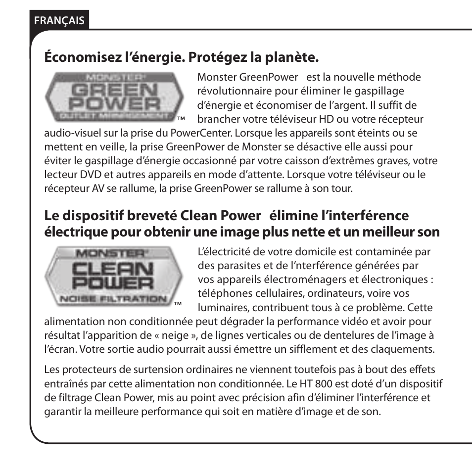 Économisez l’énergie. protégez la planète, Le dispositif breveté clean power | Monster HT 800G PowerCenter User Manual | Page 28 / 76