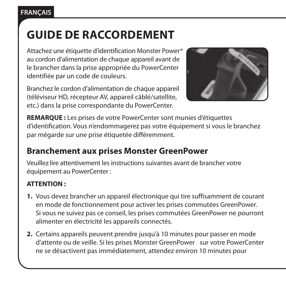 Guide de raccordement, Branchement aux prises monster greenpower | Monster HT 800G PowerCenter User Manual | Page 34 / 76