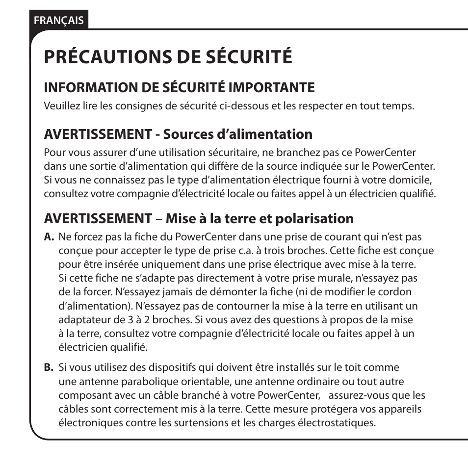 Précautions de sécurité, Information de sécurité importante, Avertissement - sources d’alimentation | Avertissement – mise à la terre et polarisation | Monster HT 800G PowerCenter User Manual | Page 38 / 76