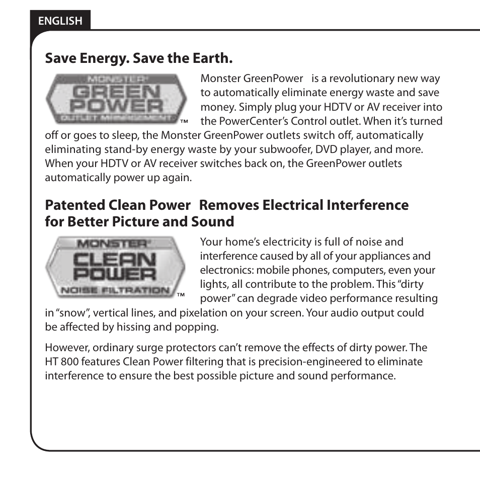 Save energy. save the earth, Patented clean power | Monster HT 800G PowerCenter User Manual | Page 4 / 76