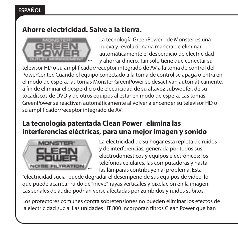 Ahorre electricidad. salve a la tierra, La tecnología patentada clean power | Monster HT 800G PowerCenter User Manual | Page 52 / 76