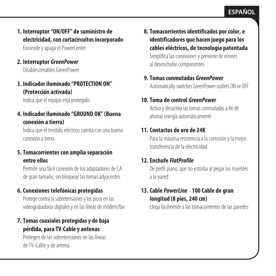 Características funciones del monster greenpower, Powercenter, Ht800g | Monster HT 800G PowerCenter User Manual | Page 57 / 76