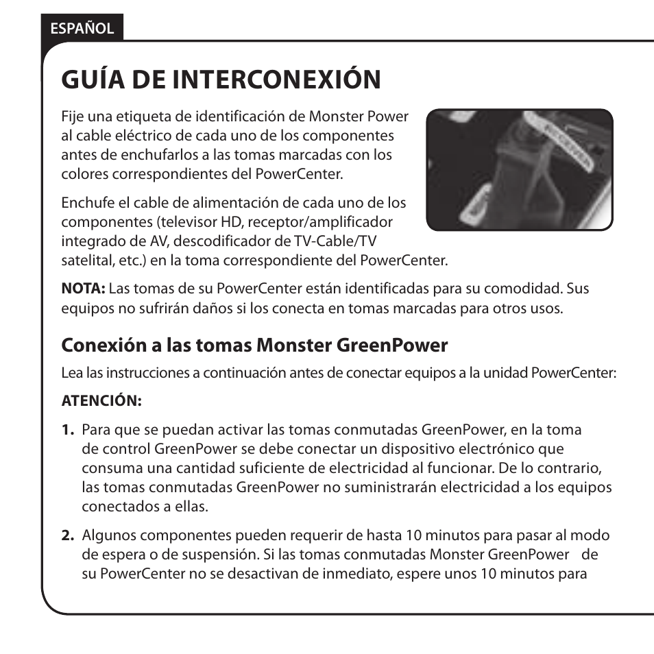 Guía de interconexión, Conexión a las tomas monster greenpower | Monster HT 800G PowerCenter User Manual | Page 58 / 76