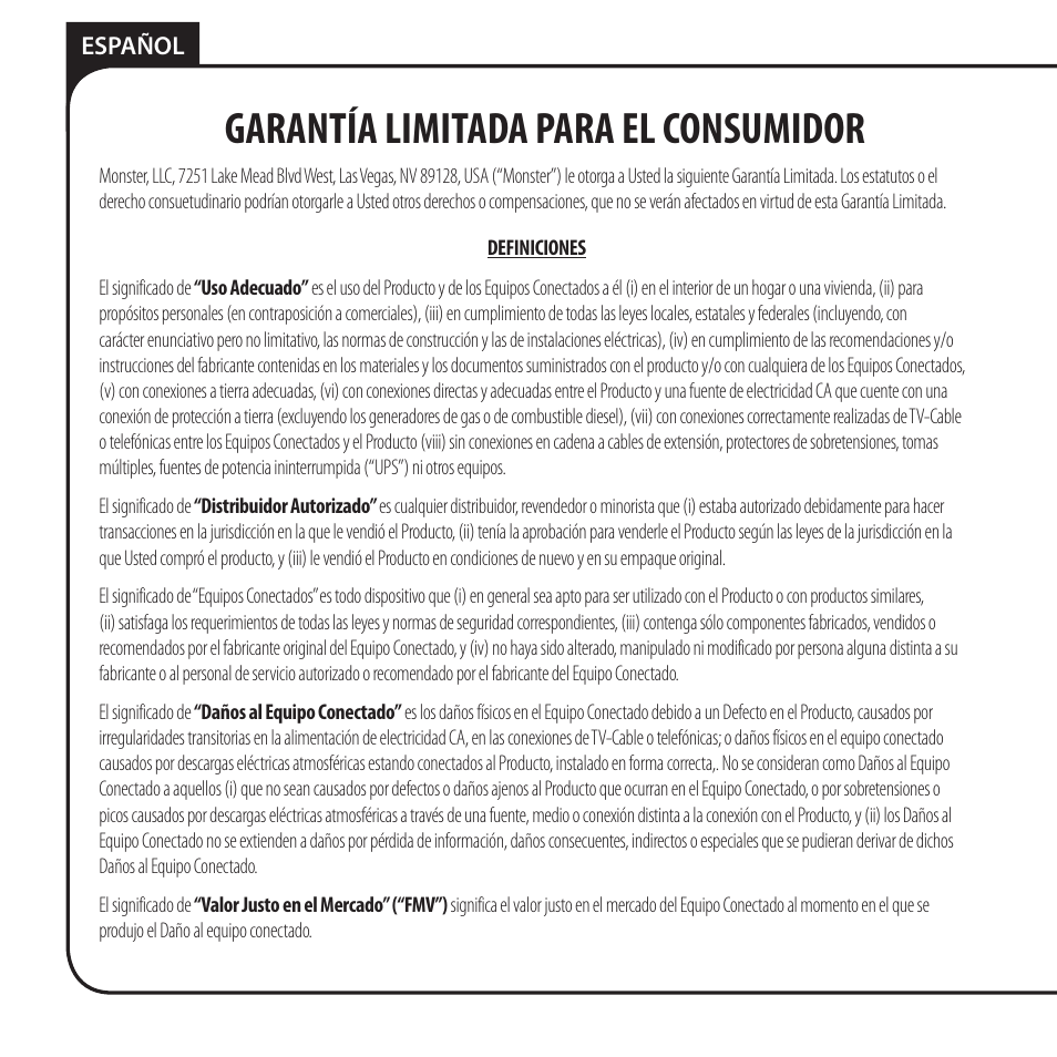 Garantía limitada para el consumidor | Monster HT 800G PowerCenter User Manual | Page 68 / 76