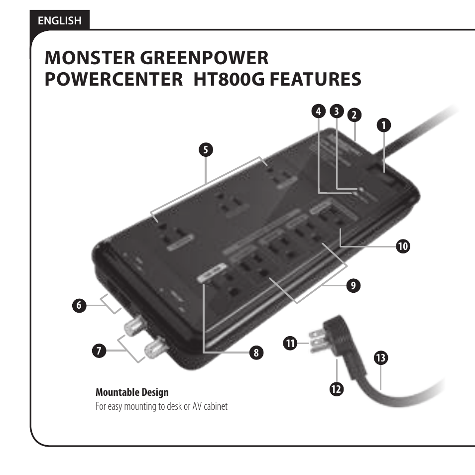 Monster greenpower, Powercenter, Ht800g features | Monster HT 800G PowerCenter User Manual | Page 8 / 76