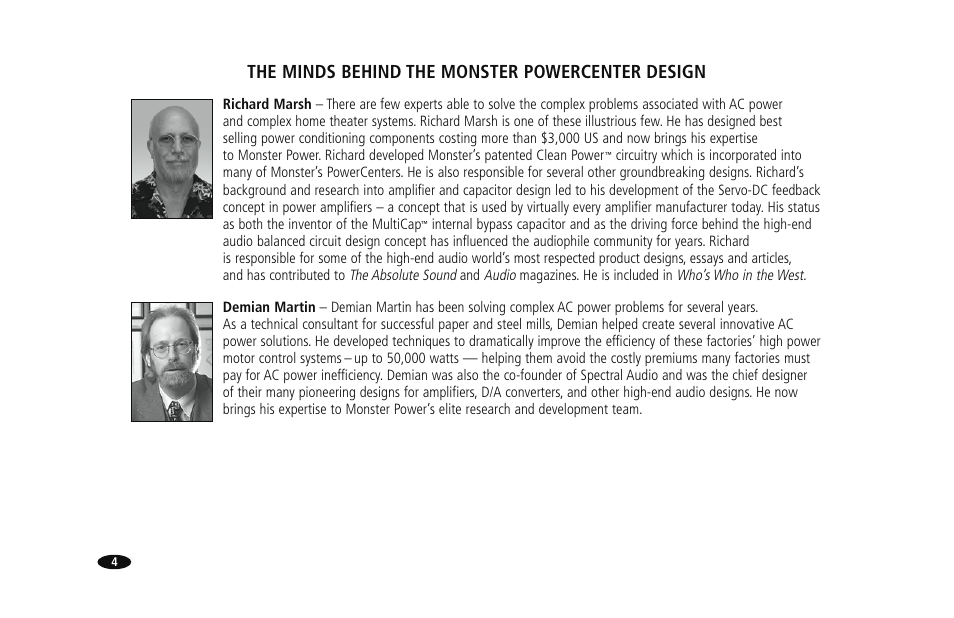The minds behind the monster powercenter design | Monster HTS1000MKIII User Manual | Page 10 / 79