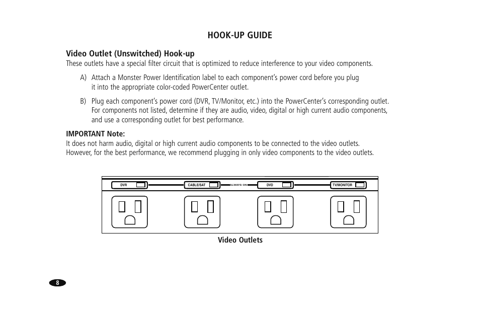 Hook-up guide, Video outlet (unswitched) hook-up, Video outlets | Monster HTS1000MKIII User Manual | Page 14 / 79