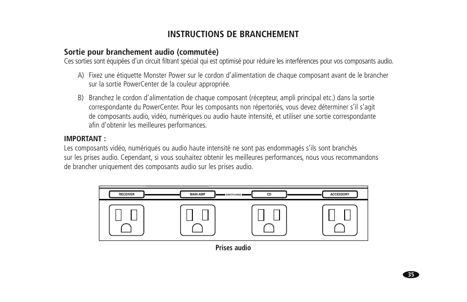 Instructions de branchement, Sortie pour branchement audio (commutée), Prises audio | Monster HTS1000MKIII User Manual | Page 41 / 79
