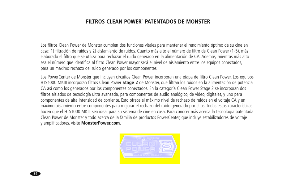 Filtros clean power, Patentados de monster | Monster HTS1000MKIII User Manual | Page 60 / 79