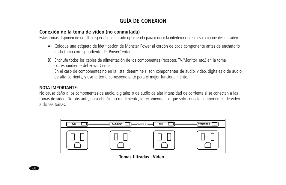 Guía de conexión, Conexión de la toma de video (no conmutada), Tomas filtradas - video | Monster HTS1000MKIII User Manual | Page 66 / 79