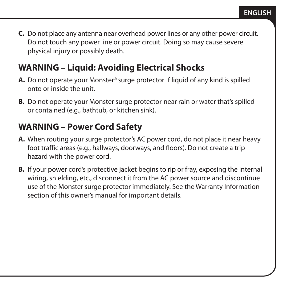 Warning – liquid: avoiding electrical shocks, Warning – power cord safety | Monster JP 800G User Manual | Page 11 / 62