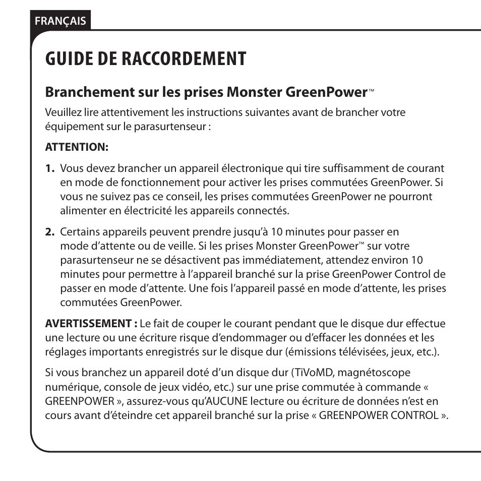 Guide de raccordement, Branchement sur les prises monster greenpower | Monster JP 800G User Manual | Page 26 / 62