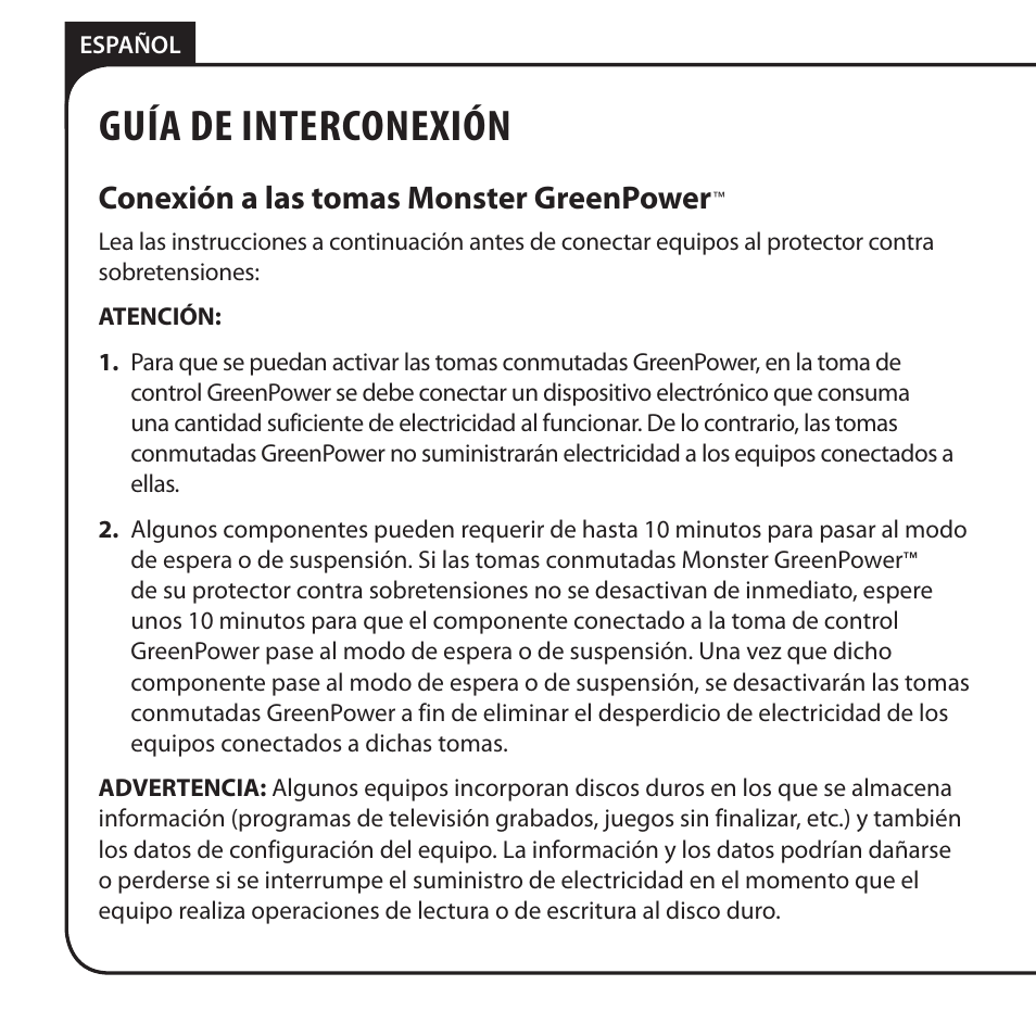 Guía de interconexión, Conexión a las tomas monster greenpower | Monster JP 800G User Manual | Page 46 / 62